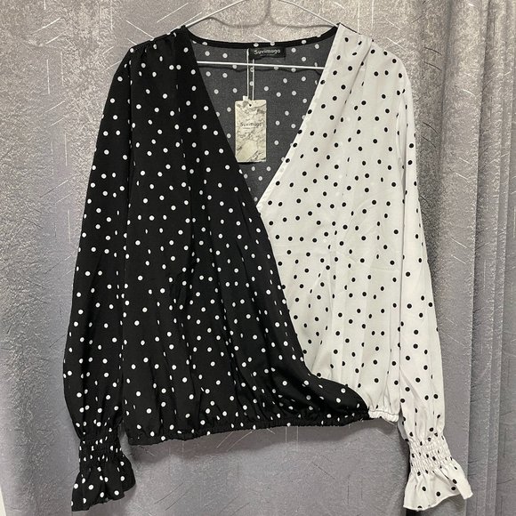 SUVIMUGA Black & White Polka Dot Asymmetrical Blouse with Ruched Sleeves - O/S - Picture 1 of 6